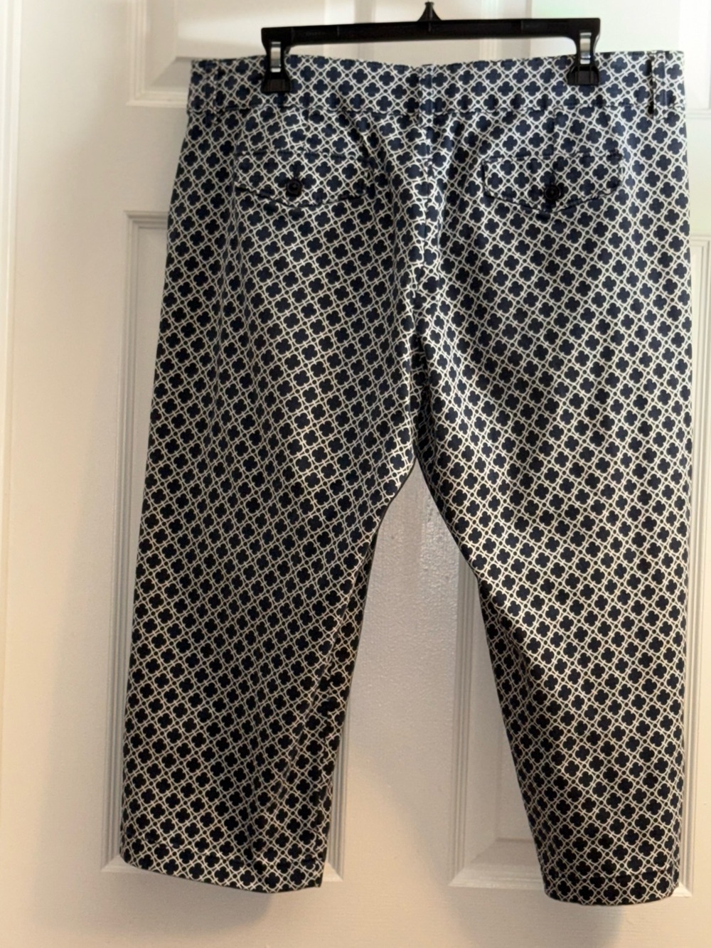 Ladies asymmetrical navy and white capri pants.